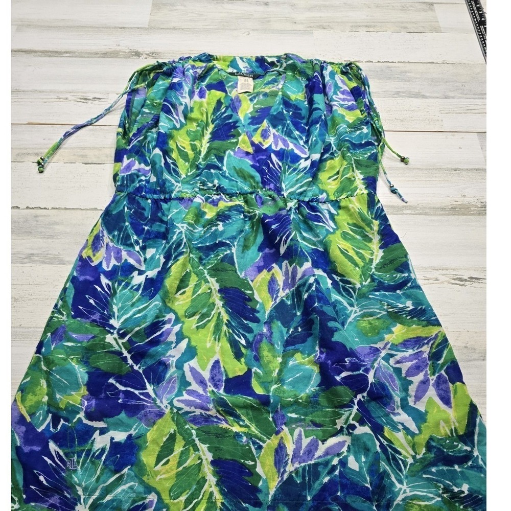 Lauren‎ Ralph Lauren Tropical Leaf Print V-Neck Dress Blue Green Large LR7D231
